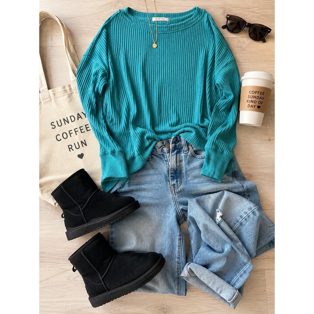 Free People We The Free Teal Oversized Waffle Knit Thermal Raw Seam Cozy Top S
